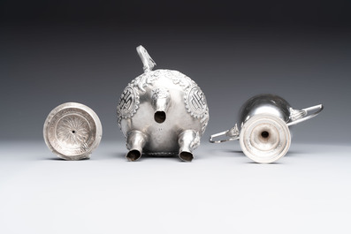 A Chinese or Vietnamese silver covered tripod censer and a Chinese silver trophy-form &lsquo;Lin Zhi Cheng Xiang 麟趾呈祥&rsquo; goblet, 19/20th C.