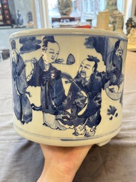 A large Chinese blue and white 'Ba Xian Zhu Shou 八仙祝壽&lsquo; tripod censer, 19th C.