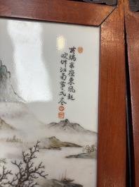 A Chinese four-fold wooden table screen with qianjian cai plaques, 20th C.