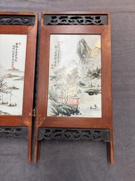A Chinese four-fold wooden table screen with qianjian cai plaques, 20th C.