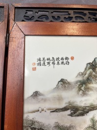 A Chinese four-fold wooden table screen with qianjian cai plaques, 20th C.