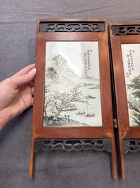 A Chinese four-fold wooden table screen with qianjian cai plaques, 20th C.