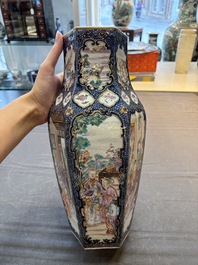 A fine Chinese famille rose gilt-decorated hexagonal vase with mandarin design, Qianlong