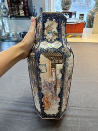 A fine Chinese famille rose gilt-decorated hexagonal vase with mandarin design, Qianlong