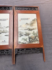 A Chinese four-fold wooden table screen with qianjian cai plaques, 20th C.