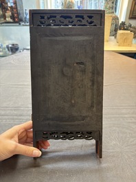 A Chinese four-fold wooden table screen with qianjian cai plaques, 20th C.