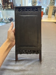 A Chinese four-fold wooden table screen with qianjian cai plaques, 20th C.