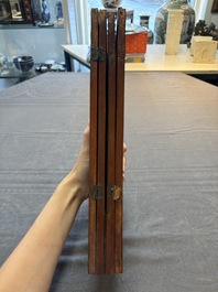 A Chinese four-fold wooden table screen with qianjian cai plaques, 20th C.