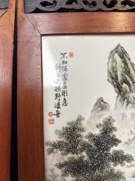 A Chinese four-fold wooden table screen with qianjian cai plaques, 20th C.