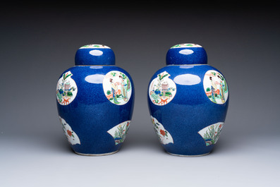 A pair of famille verte-style powder-blue-ground covered vases on stands, Samson, Paris, 19th C.