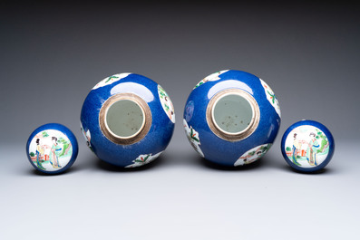 A pair of famille verte-style powder-blue-ground covered vases on stands, Samson, Paris, 19th C.