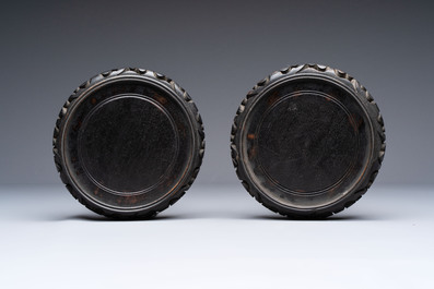 A pair of famille verte-style powder-blue-ground covered vases on stands, Samson, Paris, 19th C.