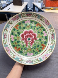 Three Chinese famille rose dishes, two plates and a saucer, various marks, 19th C.