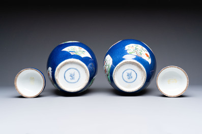 A pair of famille verte-style powder-blue-ground covered vases on stands, Samson, Paris, 19th C.