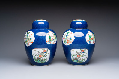 A pair of famille verte-style powder-blue-ground covered vases on stands, Samson, Paris, 19th C.