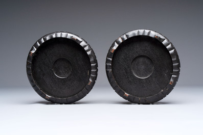 A pair of famille verte-style powder-blue-ground covered vases on stands, Samson, Paris, 19th C.