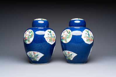 A pair of famille verte-style powder-blue-ground covered vases on stands, Samson, Paris, 19th C.