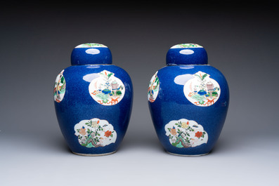 A pair of famille verte-style powder-blue-ground covered vases on stands, Samson, Paris, 19th C.