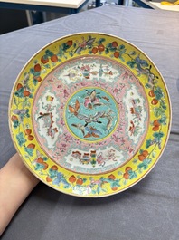 Three Chinese famille rose dishes, two plates and a saucer, various marks, 19th C.