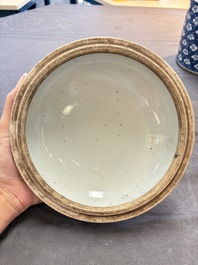 A Chinese Dehua blue and white vase, two containers and a 'prunus on cracked ice' vase, Kangxi mark, 18/19th C.