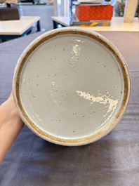 A Chinese Dehua blue and white vase, two containers and a 'prunus on cracked ice' vase, Kangxi mark, 18/19th C.