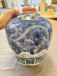 A Chinese Dehua blue and white vase, two containers and a 'prunus on cracked ice' vase, Kangxi mark, 18/19th C.