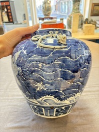 A Chinese Dehua blue and white vase, two containers and a 'prunus on cracked ice' vase, Kangxi mark, 18/19th C.