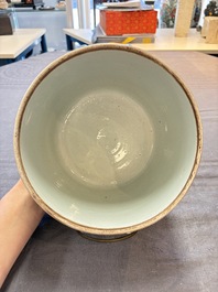 A Chinese Dehua blue and white vase, two containers and a 'prunus on cracked ice' vase, Kangxi mark, 18/19th C.