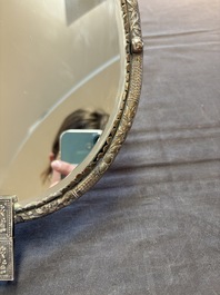A Chinese silver-plated oval mirror, 19/20th C.