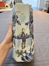 A Chinese doucai gilt-decorated 'Eight Immortals' openworked hexagonal hat stand, Yongzheng mark, 19th C.