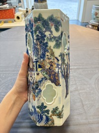 A Chinese doucai gilt-decorated 'Eight Immortals' openworked hexagonal hat stand, Yongzheng mark, 19th C.