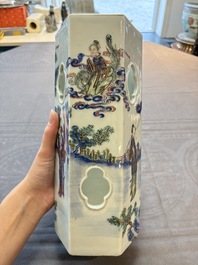 A Chinese doucai gilt-decorated 'Eight Immortals' openworked hexagonal hat stand, Yongzheng mark, 19th C.