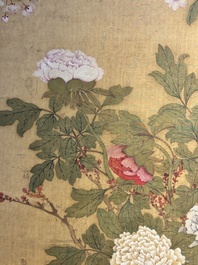 In the manner of Yun Shouping 惲壽平 (1633-1690): 'Pheasant and Peonies', ink and colour on silk