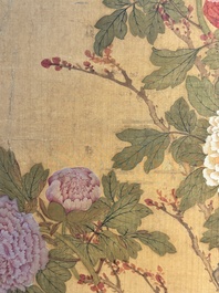 In the manner of Yun Shouping 惲壽平 (1633-1690): 'Pheasant and Peonies', ink and colour on silk
