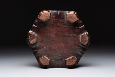 A Chinese archaistic bronze censer with 'Chilong' and 'Lingzhi' handles on wooden stand, Zhou Wang Bo Zuo Bao Ding 周王伯作寶鼎 mark, Yuan/Ming