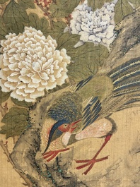 In the manner of Yun Shouping 惲壽平 (1633-1690): 'Pheasant and Peonies', ink and colour on silk