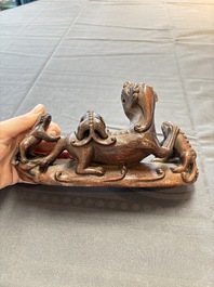 Five various Chinese wooden carvings and a censer, 19/20th C.