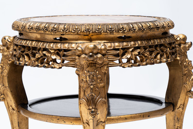 Two Chinese marble-topped hongmu two-tier stands, one with later gilding, 19/20th C.