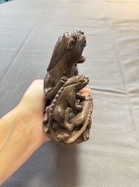 Five various Chinese wooden carvings and a censer, 19/20th C.