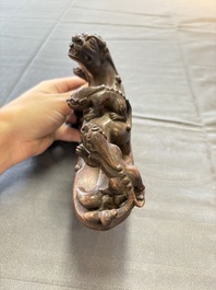 Five various Chinese wooden carvings and a censer, 19/20th C.