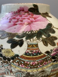 A Chinese qianjiang cai 'antiquities' covered vase and a basin with figural design, signed Yu Yicheng 俞意誠 and Xu Shanqin 徐善琴, 19th C., one dated 1893