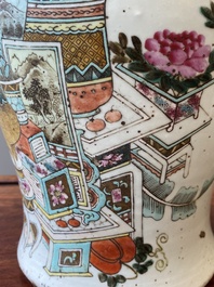 A Chinese qianjiang cai 'antiquities' covered vase and a basin with figural design, signed Yu Yicheng 俞意誠 and Xu Shanqin 徐善琴, 19th C., one dated 1893