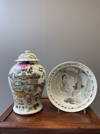 A Chinese qianjiang cai 'antiquities' covered vase and a basin with figural design, signed Yu Yicheng 俞意誠 and Xu Shanqin 徐善琴, 19th C., one dated 1893