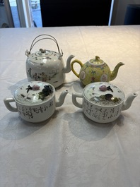Four Chinese famille rose teapots, Luo Yong Sheng Hao 罗永盛号 mark, 20th C.