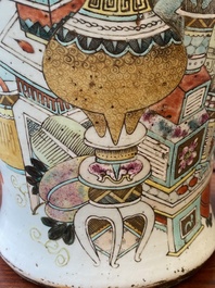 A Chinese qianjiang cai 'antiquities' covered vase and a basin with figural design, signed Yu Yicheng 俞意誠 and Xu Shanqin 徐善琴, 19th C., one dated 1893