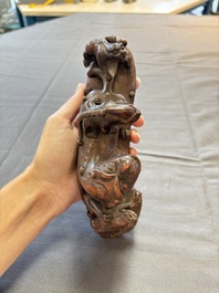 Five various Chinese wooden carvings and a censer, 19/20th C.