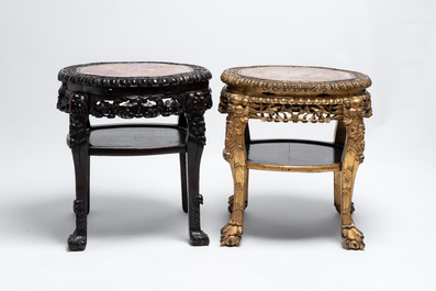 Two Chinese marble-topped hongmu two-tier stands, one with later gilding, 19/20th C.