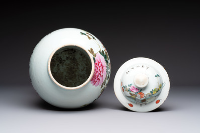 A Chinese qianjiang cai 'antiquities' covered vase and a basin with figural design, signed Yu Yicheng 俞意誠 and Xu Shanqin 徐善琴, 19th C., one dated 1893