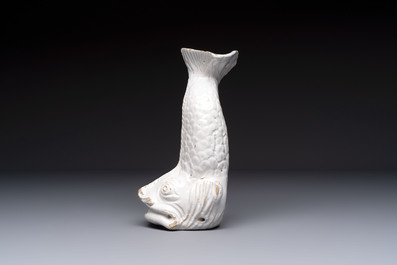 A rare white-glazed Delftware dolphin-shaped fountain, 18th C.