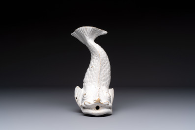 A rare white-glazed Delftware dolphin-shaped fountain, 18th C.